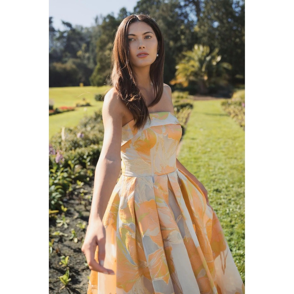 Mac Duggal Strapless Dress in Orange and Green Floral - Picture 3 of 14